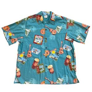 Go Barefoot Hawaiian Shirt Mens XL Teal Classic Cruzin Tiki Ukulele Cotton Rayon